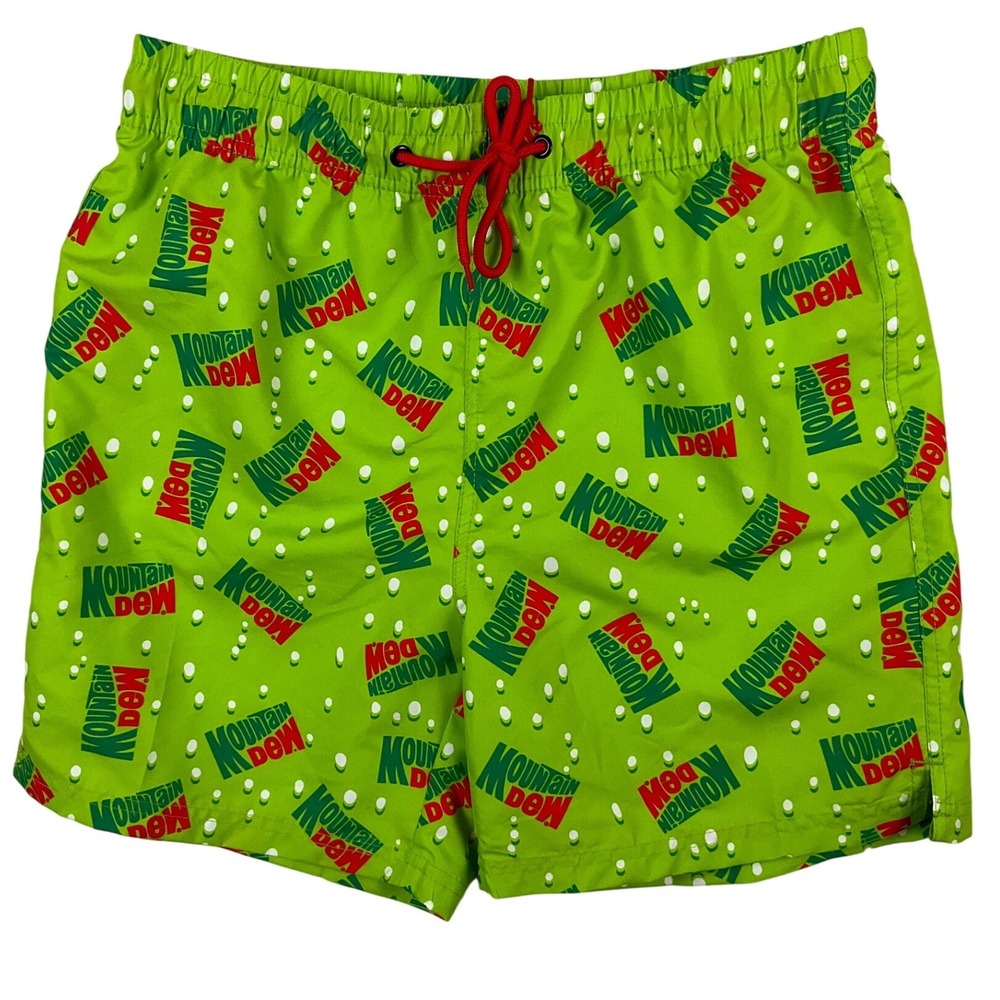 Mountain Dew Mens Swim Trunks Small‎ Green Retro Logo All Over Print New NWT